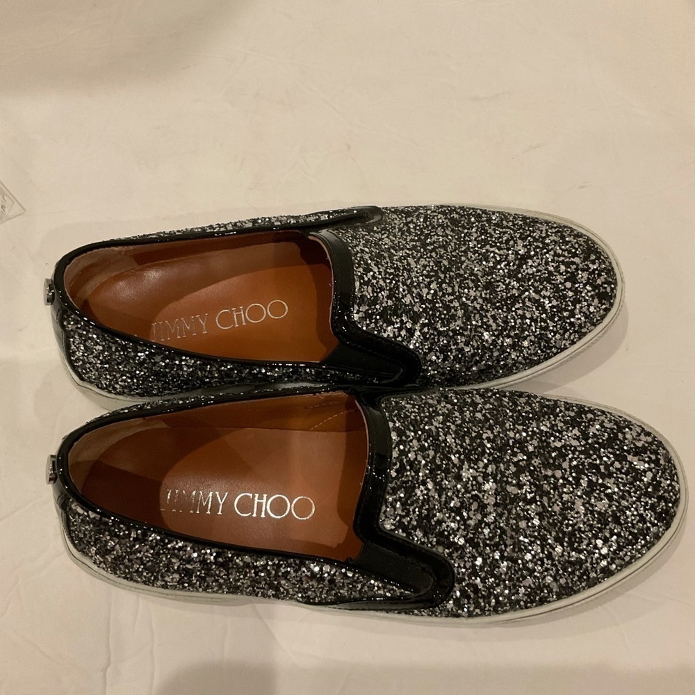 Jimmy Choo Demi Coarse Glitter Slip-Ons Sneakers Black and Silver - Picture 10 of 15
